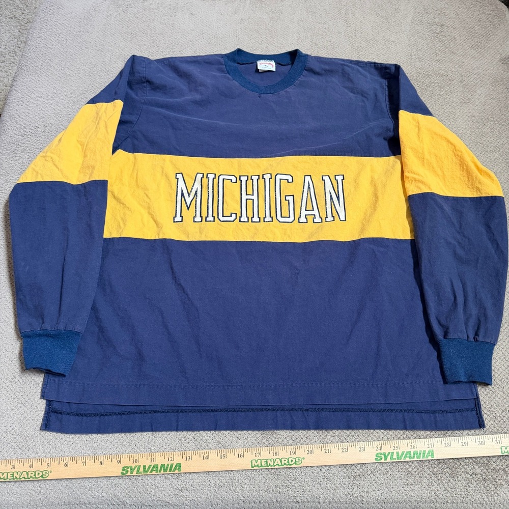 Vintage 1980s Nutmeg Mills Michigan Wolverines Long Sleeve Shirt Navy Yellow XL